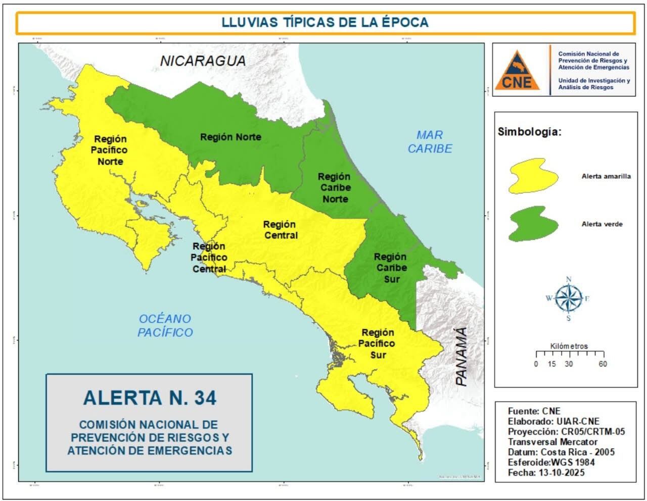 La CNE decretó alerta amarilla en cuatro zonas del país; tres en verde.