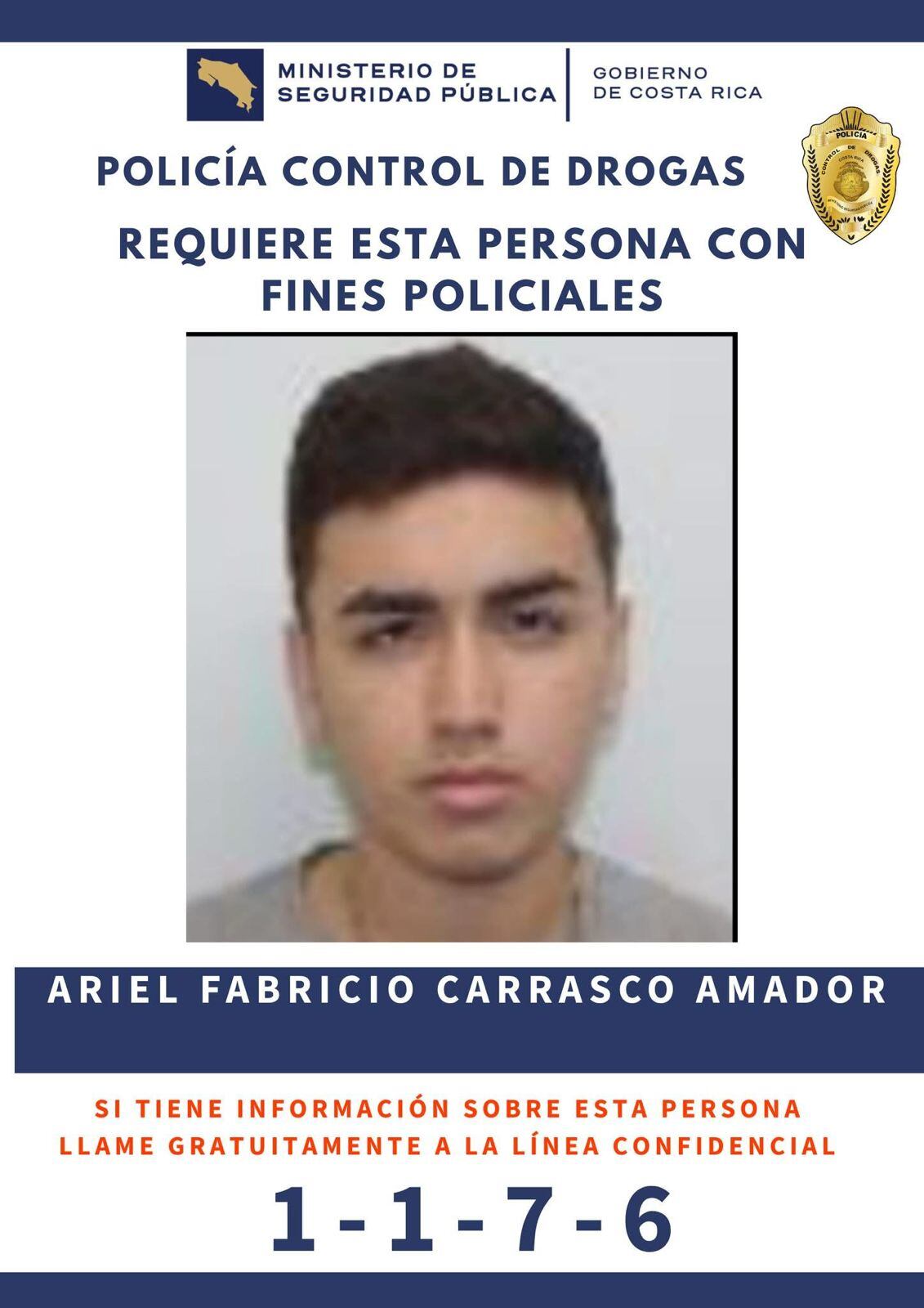 Ariel Fabricio Carrasco Amador, hijo de uno de los presuntos cabecillas de Los Maruja, es buscado por la Policía de Control de Drogas (PCD), desde diciembre de 2025.