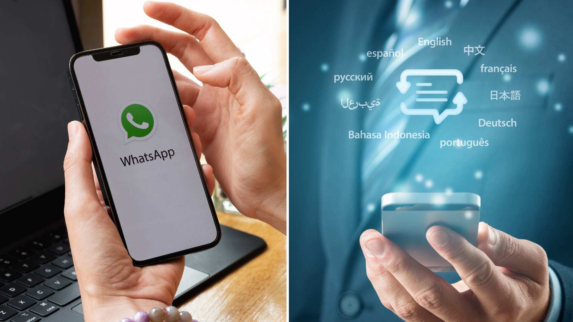 A la izquierda, una persona sostiene un teléfono con la aplicación WhatsApp abierta; a la derecha, un concepto visual de traducción automática con nombres de idiomas flotando sobre un fondo tecnológico.