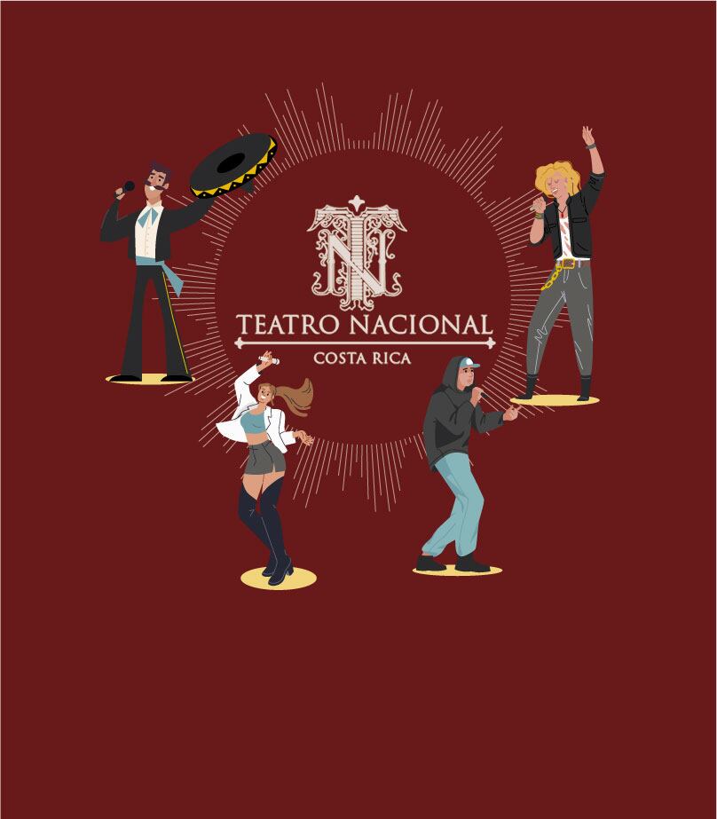 Imagen del logo del Teatro Nacional rodeado por íconos de artistas musicales.