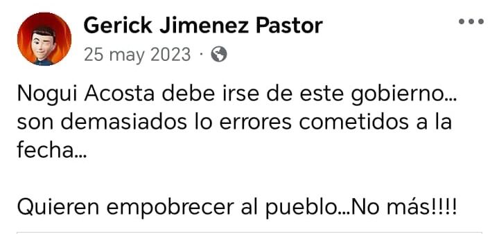 La captura corresponde al perfil de redes sociales de Gerick Jiménez Pastor, asesor de confianza de Marta Esquivel, presidenta ejecutiva de la CCSS. El funcionario mantenía fuertes críticas contra el Gobierno antes de asumir ese cargo.