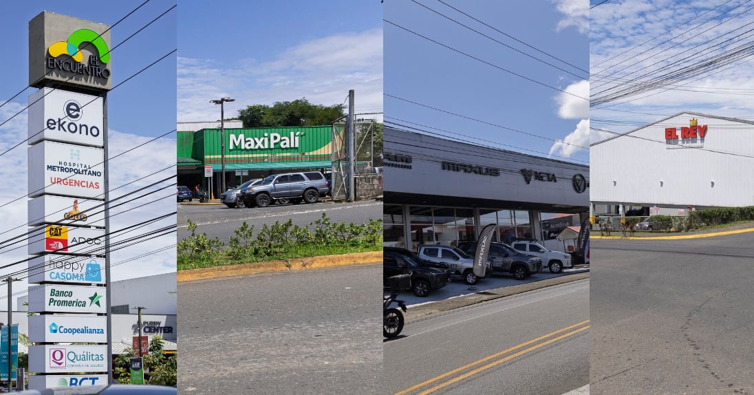 Comercios y cadenas en Ciudad Quesada, San Carlos, incluyendo supermercados Maxi Palí y El Rey, concesionarios de vehículos y el centro comercial Plaza El Encuentro, reflejo del crecimiento comercial de la ciudad.