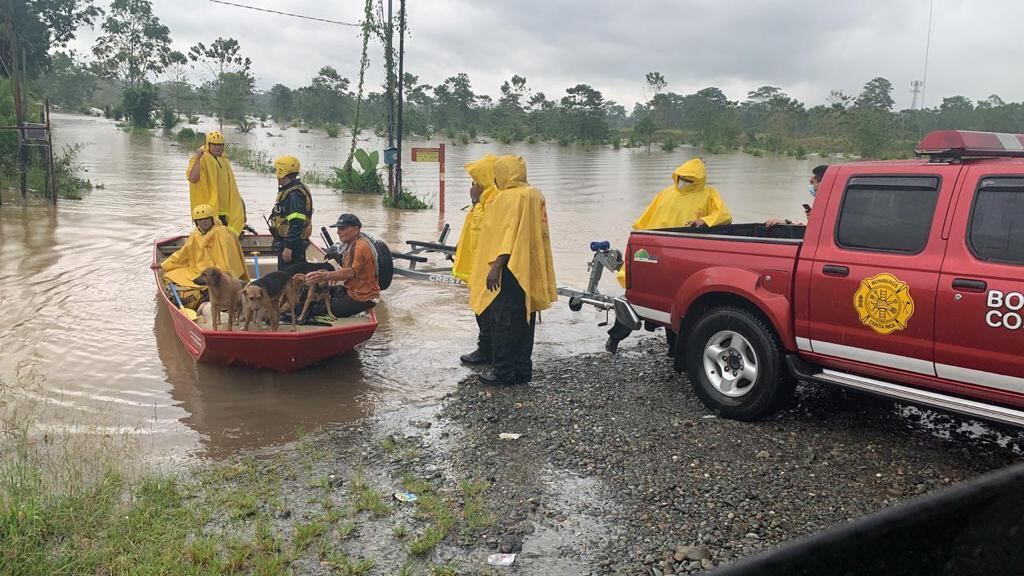 Una pareja de adultos y 10 canes fueron rescatados en B-Line de Matina en una lancha de Bomberos. Foto: Cortesía Bomberos.