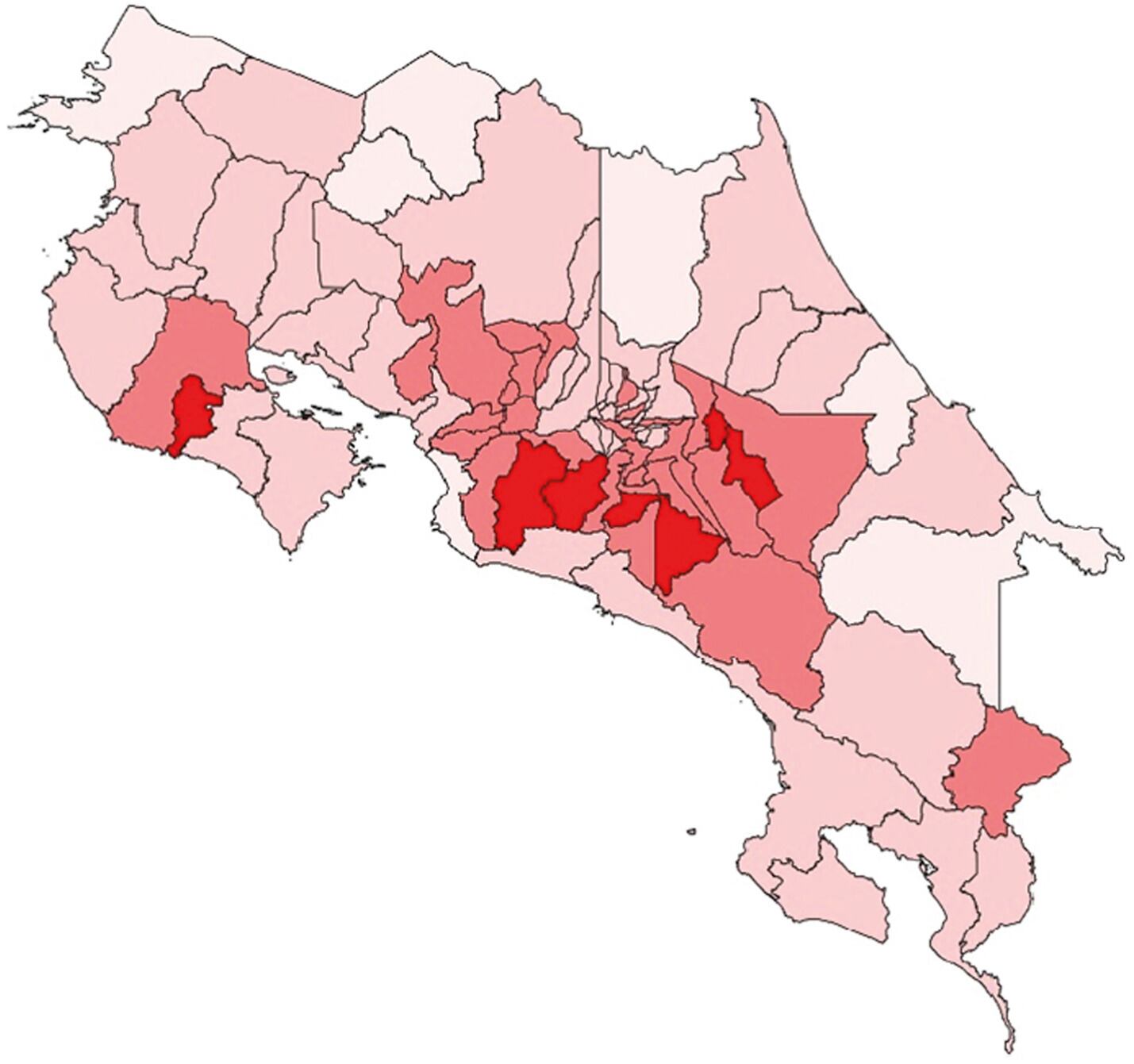 Un mapa de Costa Rica con los cantones resaltados según la mortalidad por cáncer gástrico.