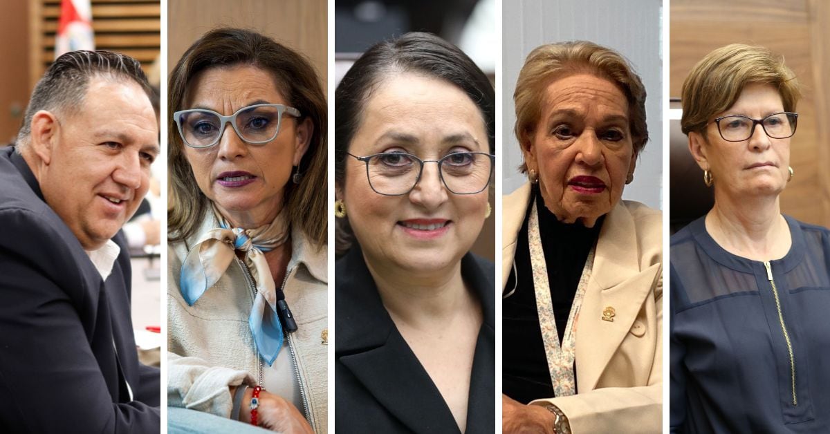 De izquierda a derecha en la imagen se observa a los diputados separados actualmente de sus bancadas legislativas: Leslye Bojorges (PUSC), Kattia Cambronero (PLP), Luz Mary Alpízar (PPSD), Gloria Navas (PNR), y María Marta Padilla (PPSD).