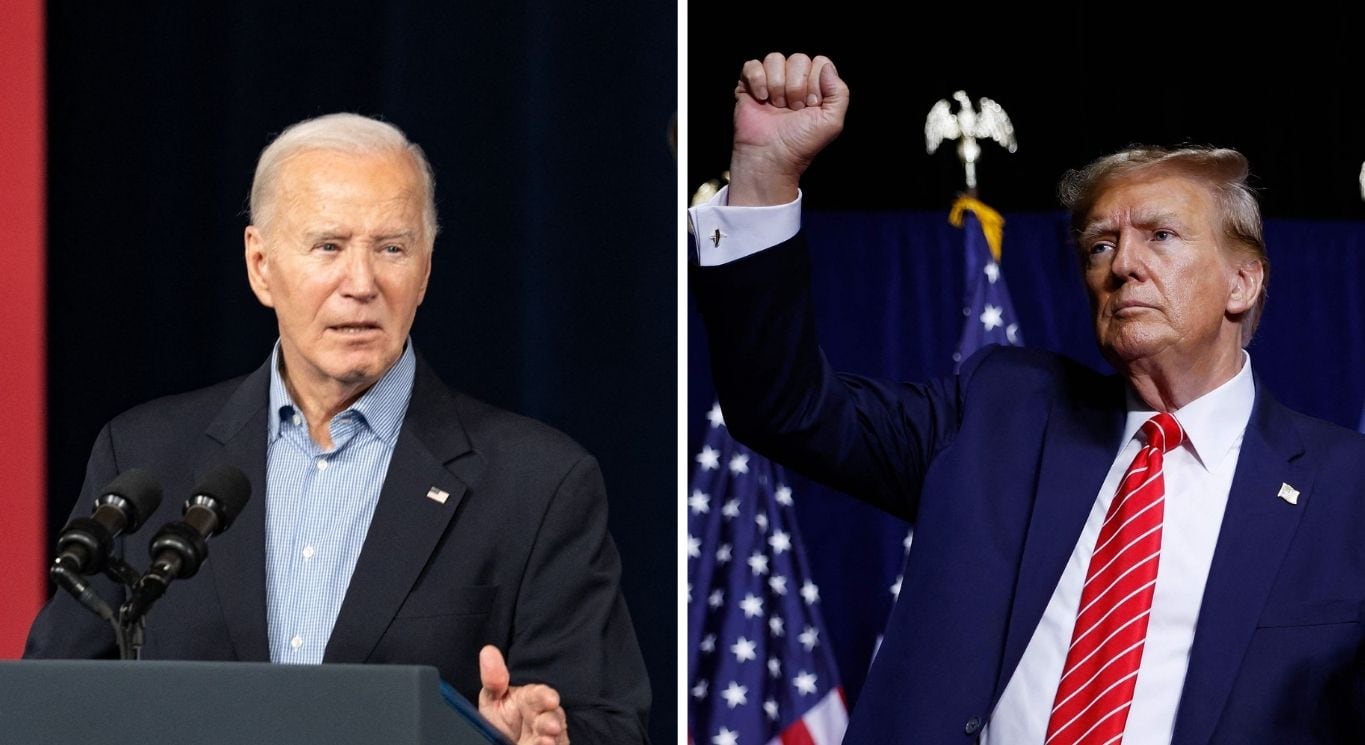 En la imagen izquierda figura el presidente estadounidense, Joe Biden, hablando un evento de campaña en Atlanta, Georgia, este sábado. A la derecha, el expresidente y candidato republicano, Donald Trump, abandona el escenario al finalizar su discurso en Rome, Georgia.
