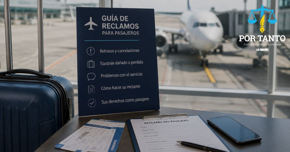 en la imagen, generada con IA, una maleta y un cartel sobre reclamos