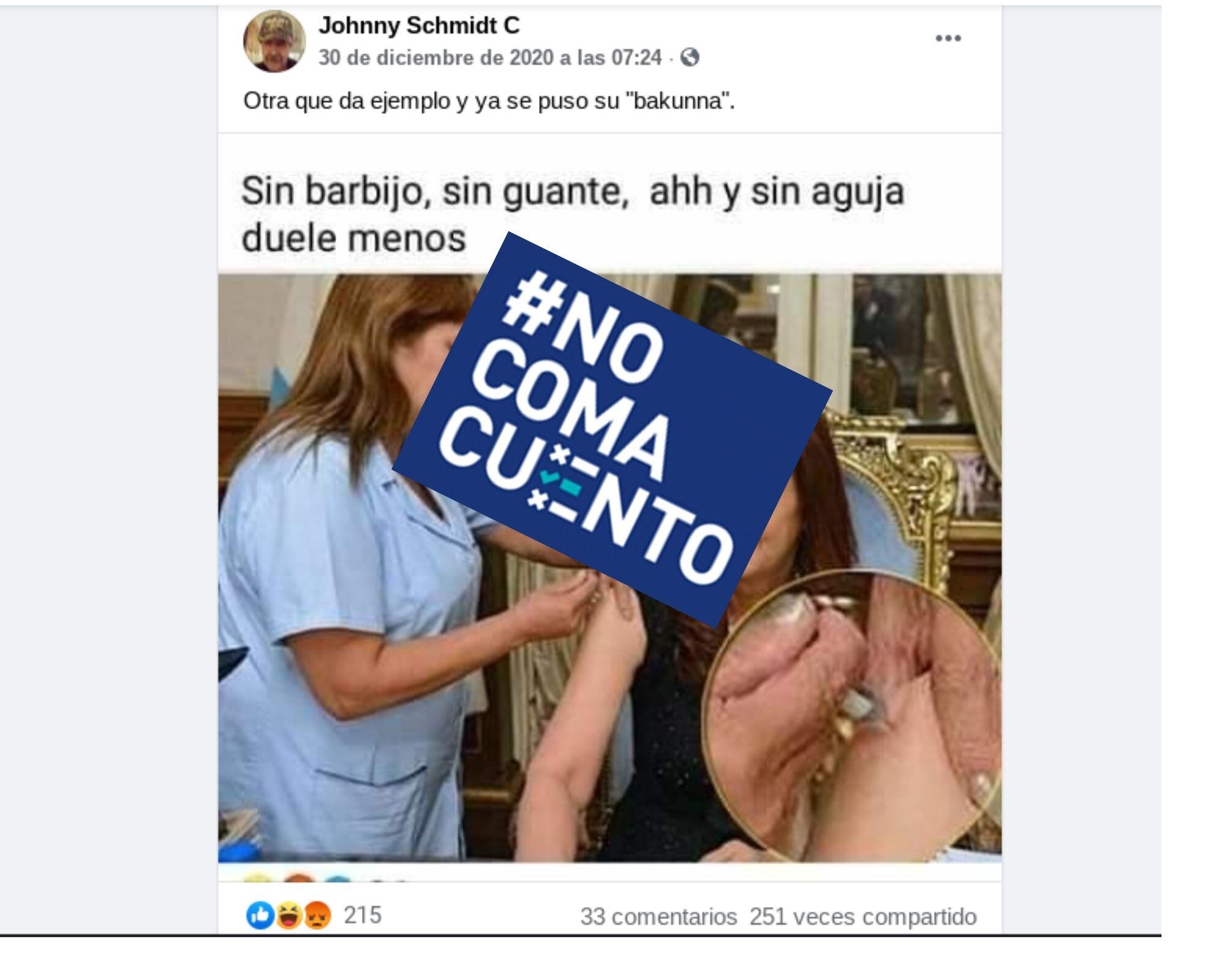 Una fotografía muestra a la actual vicepresidenta argentina recibiendo una vacuna, sin portar ella mascarilla y sin que la profesional en salud quien se la aplica use guantes, pero se trata de una imagen del 2013.