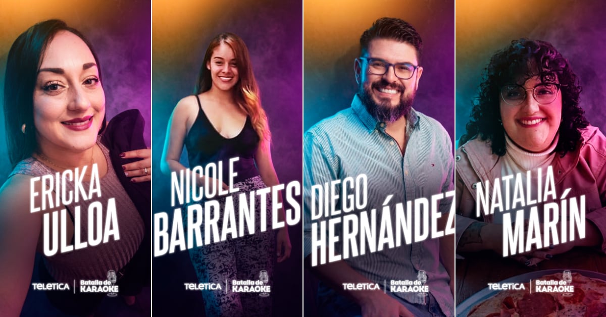 Ericka Ulloa de 39 años, Nicole Barrantes de 28, Diego Hernández de 39 y Natalia Marín de 32 desean llegar a la final de 'Batalla de karaoke'.