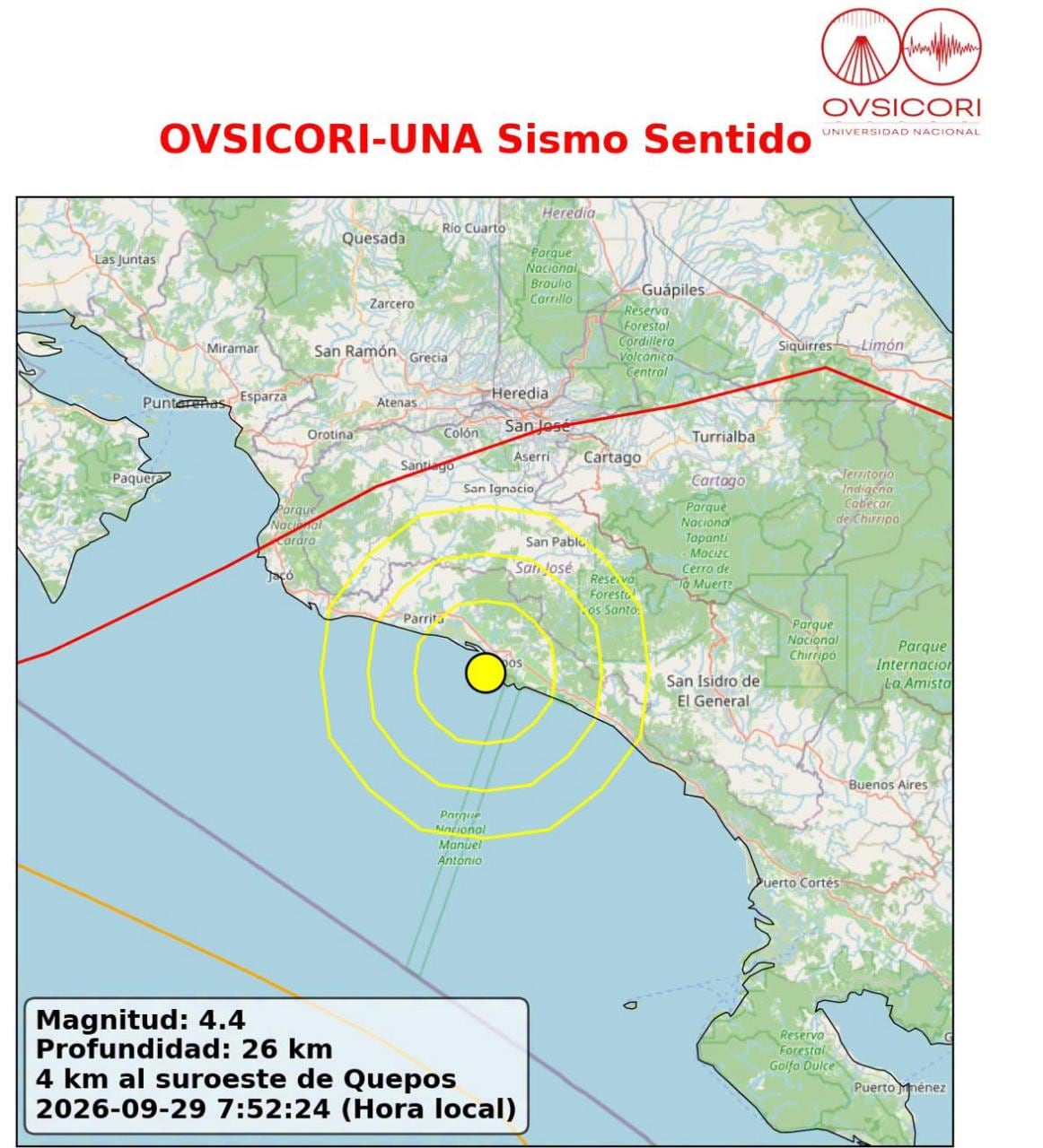 El temblor fue reportado por la Ovsicori y tuvo una magnitud local de 4,4.