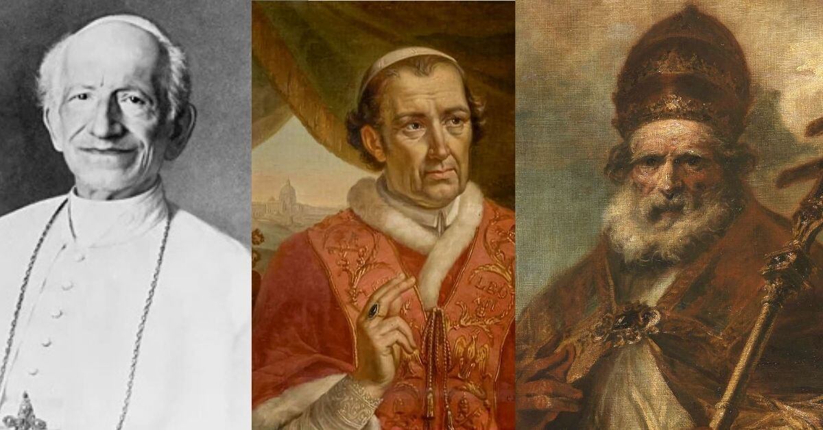 Una composición de tres imágenes con tres de los Papas que escogieron León como nombre.