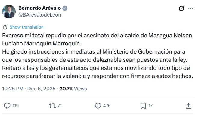 Bernardo Arévalo, presidente de Guatemala, se pronuncia sobre asesinato de alcalde Nelson Marroquín durante un festival navideño.