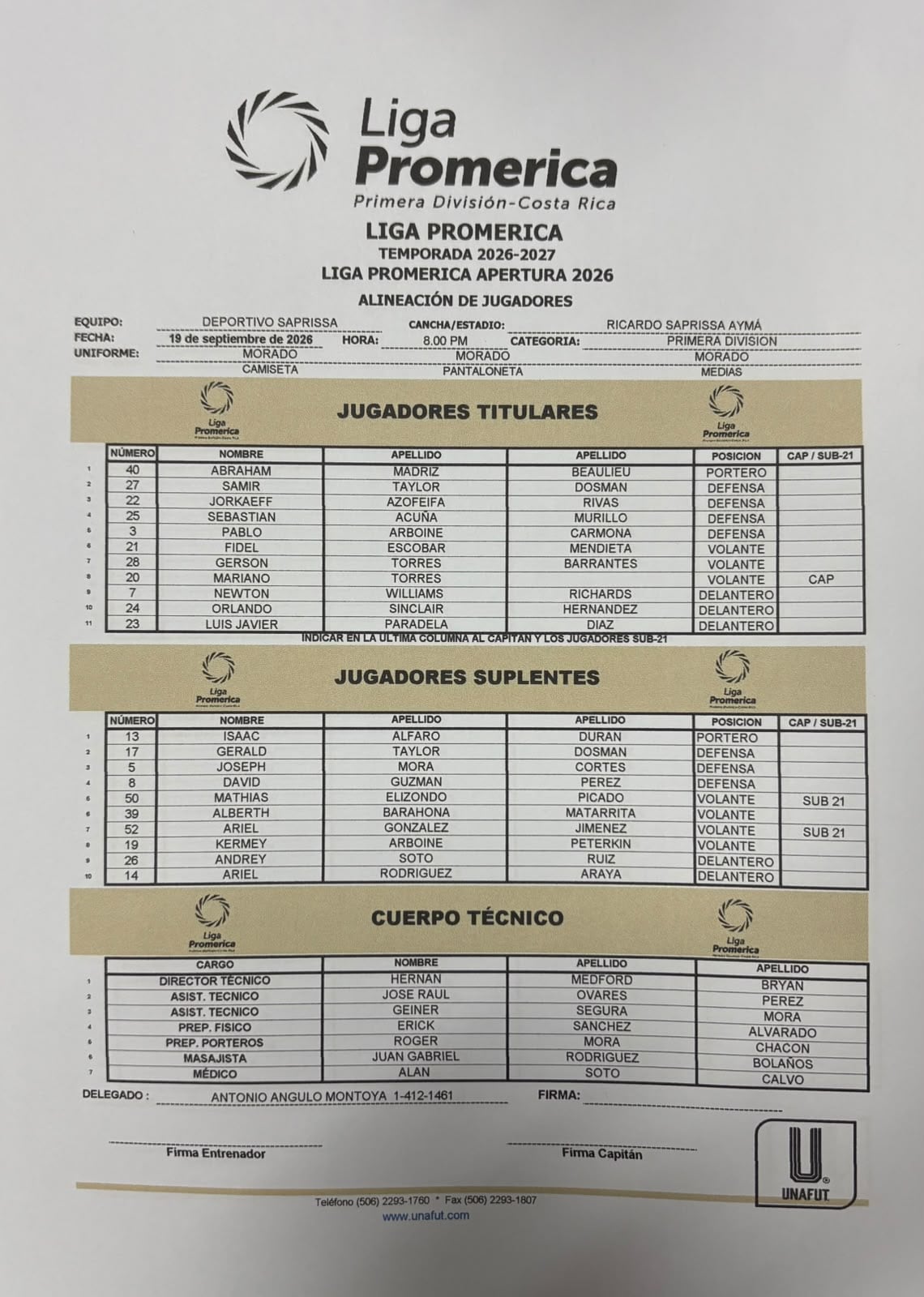 Esta es la alineación de Saprissa para el juego contra Herediano.