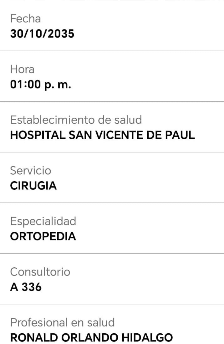 Una asegurada contó que a su mamá le pasaron una cita de junio del 2026 en la especialidad de Ortopedia, para octubre del 2035 sin explicación. Así aparece el turno en el EDUS de la paciente.