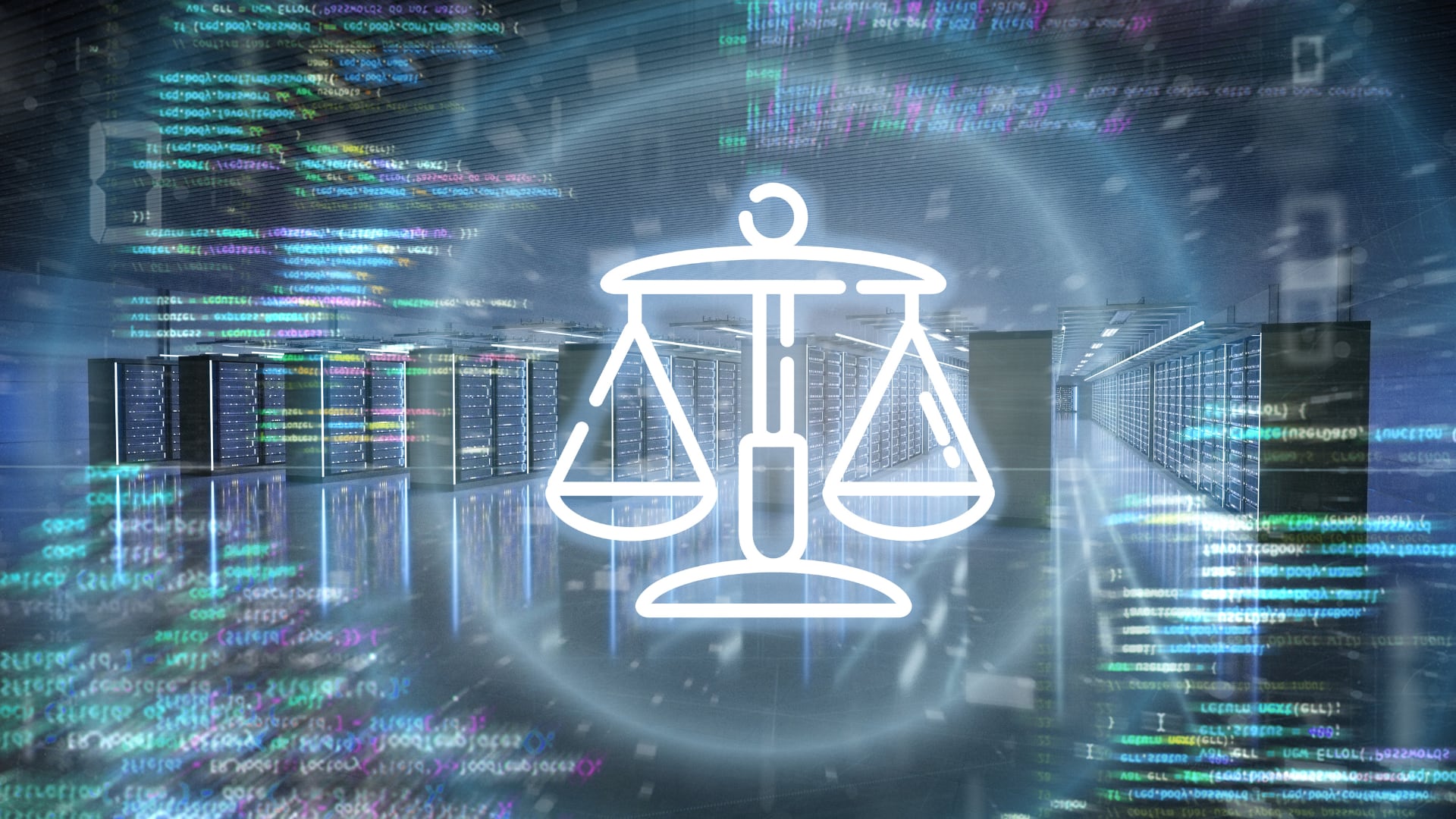 Ícono de la justicia sobrepuesto en imagen de un data center, o centro de datos, almacenamiento de datos. Tecnología, terabytes, procesamiento de información digital para juicios