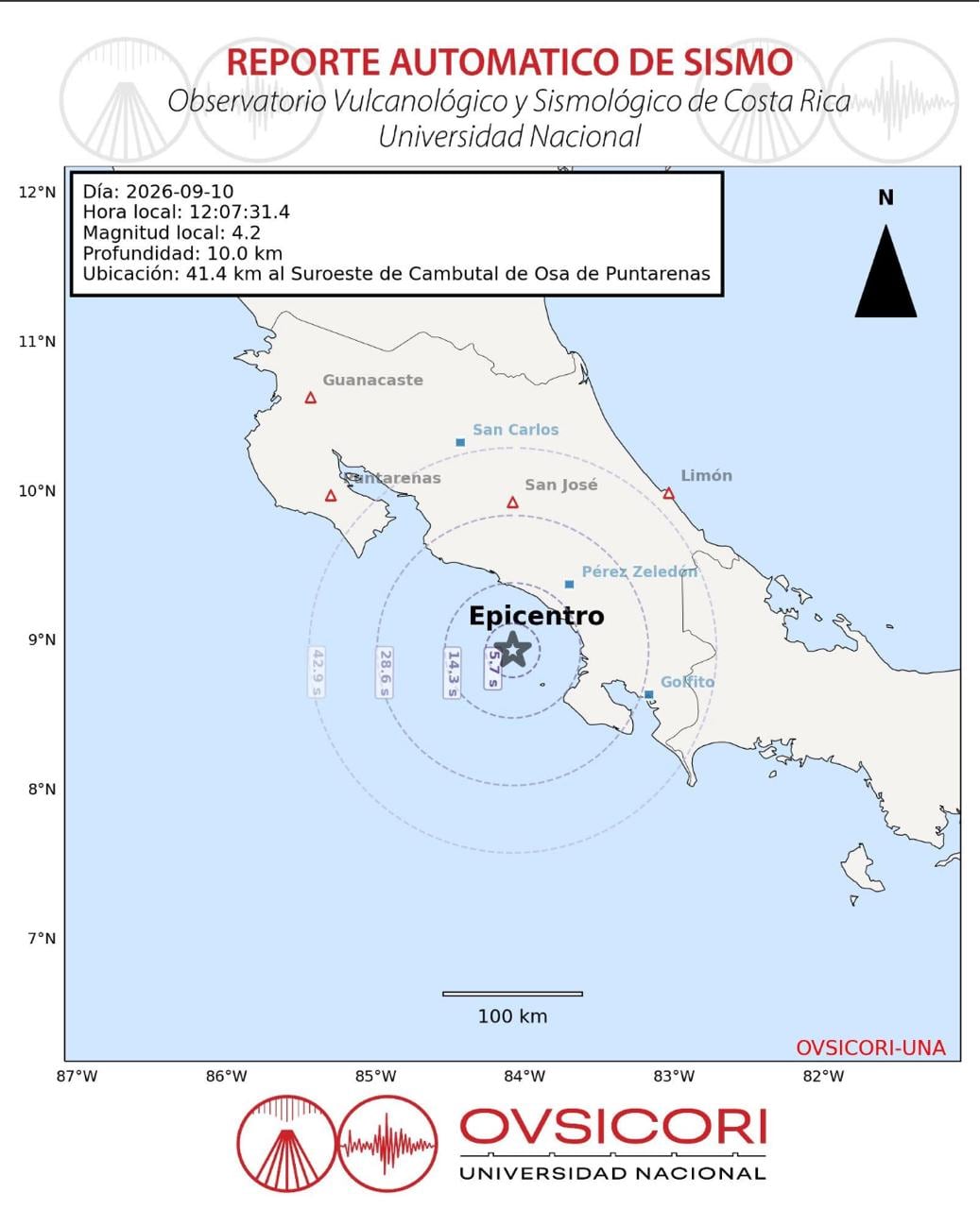 Otro sismo cuatro minutos después con una magnitud de 4,2 a 41,4 km al Suroeste de Cambutal de Osa de Puntarenas.