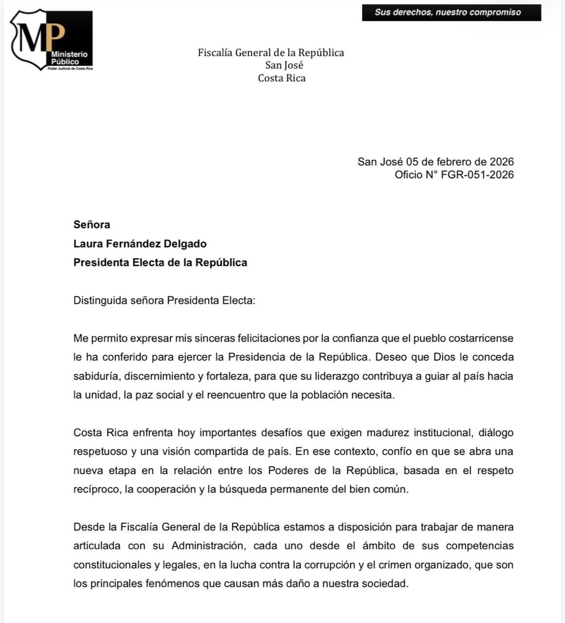 El fiscal general, Carlo Díaz, envió esta carta a la presidenta electa, Laura Fernández, en la que pide abrir una nueva etapa en la relación entre los Poderes de la República.