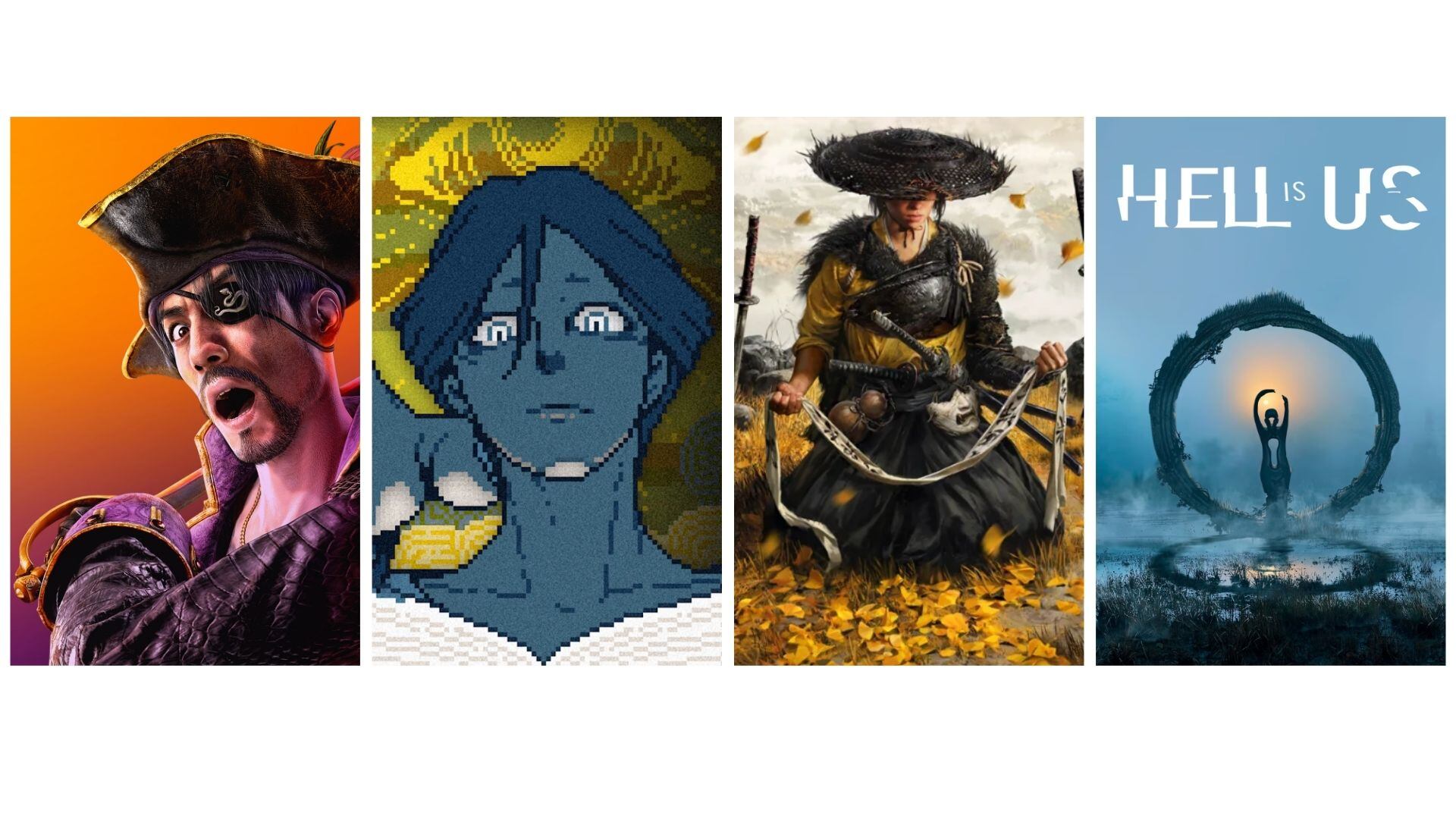 Portadas de 'Like a Dragon: Pirate Yakusa in Hawaii', 'Urban Myth Dissolution Center', 'Ghost of Yotei' y 'Hell is Us'.