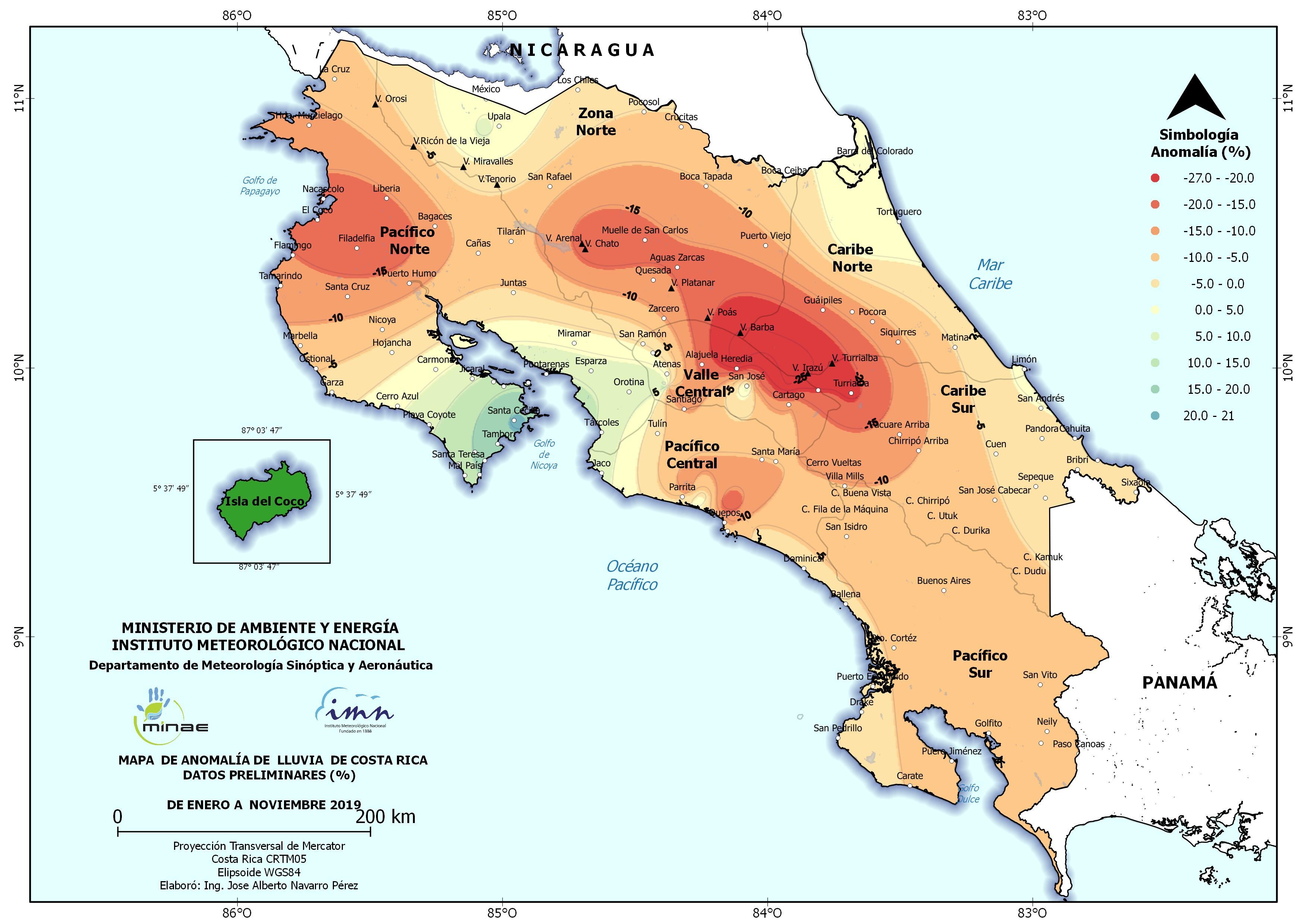 Los puntos más oscuros son los que tuvieron menos aguaceros entre enero y noviembre de este año. Ilustración: IMN.