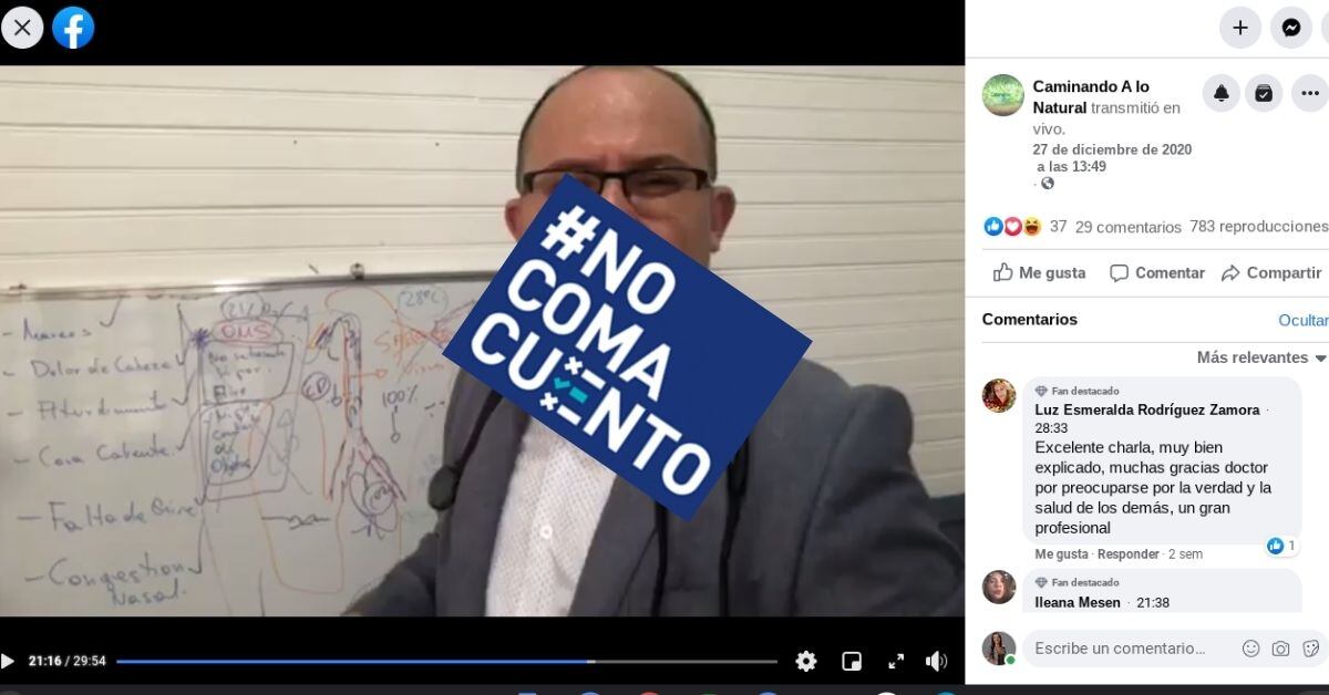 El médico Augusto Vega, investigado desde marzo de 2020 por el Colegio de Médicos y Cirujanos por difundir recomendaciones sobre la covid-19 carentes de evidencia científica, no se detiene y sigue propagando afirmaciones falsas sobre la pandemia.
Lo hace mediante transmisiones en vivo, desde un sitio de Facebook llamado Caminando a lo natural, que tiene más de 13.000 seguidores.