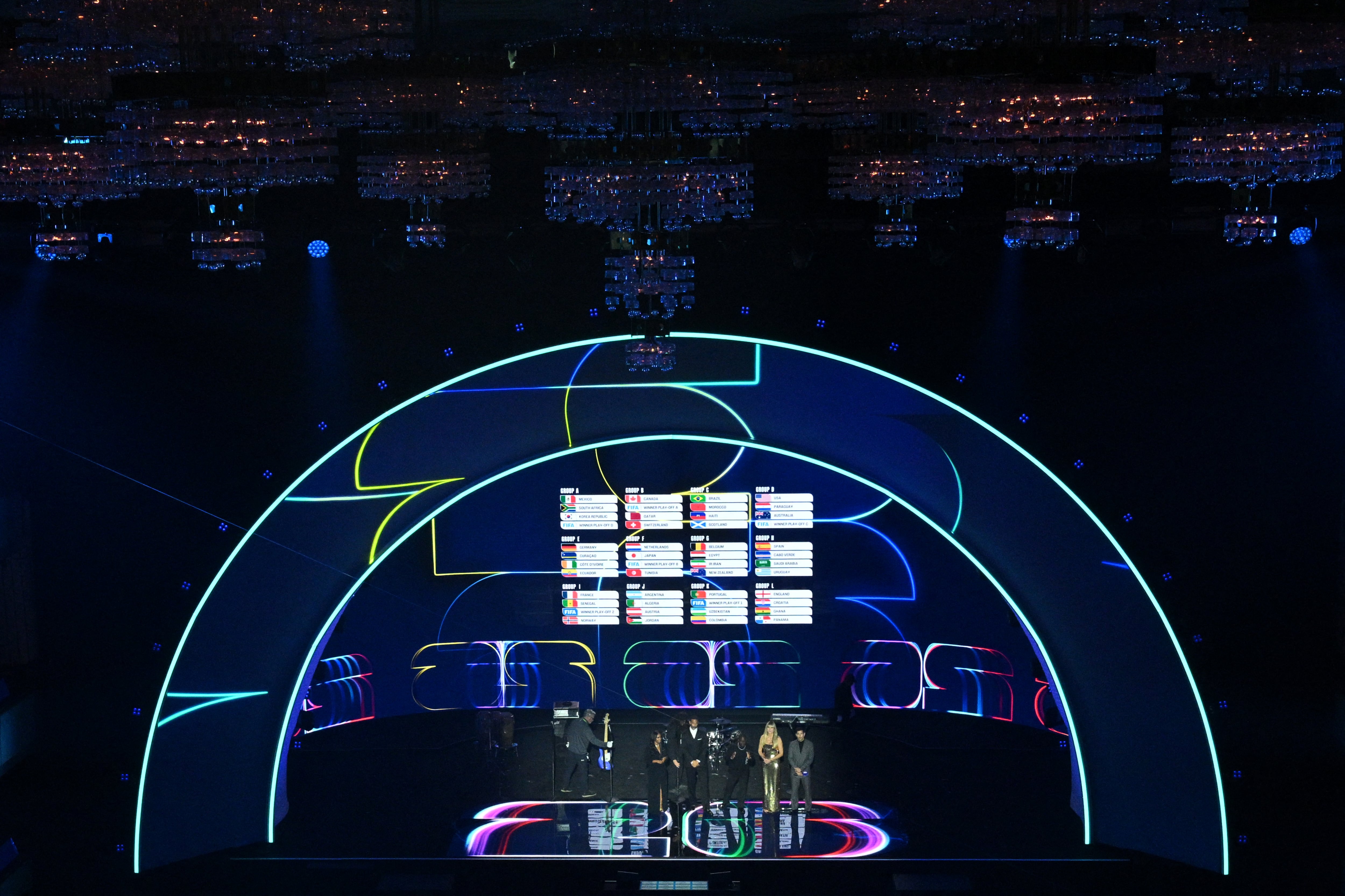 Una pantalla muestra los grupos del Mundial 2026 tras el sorteo realizado este viernes 5 de diciembre en el Kennedy Center de Washington.