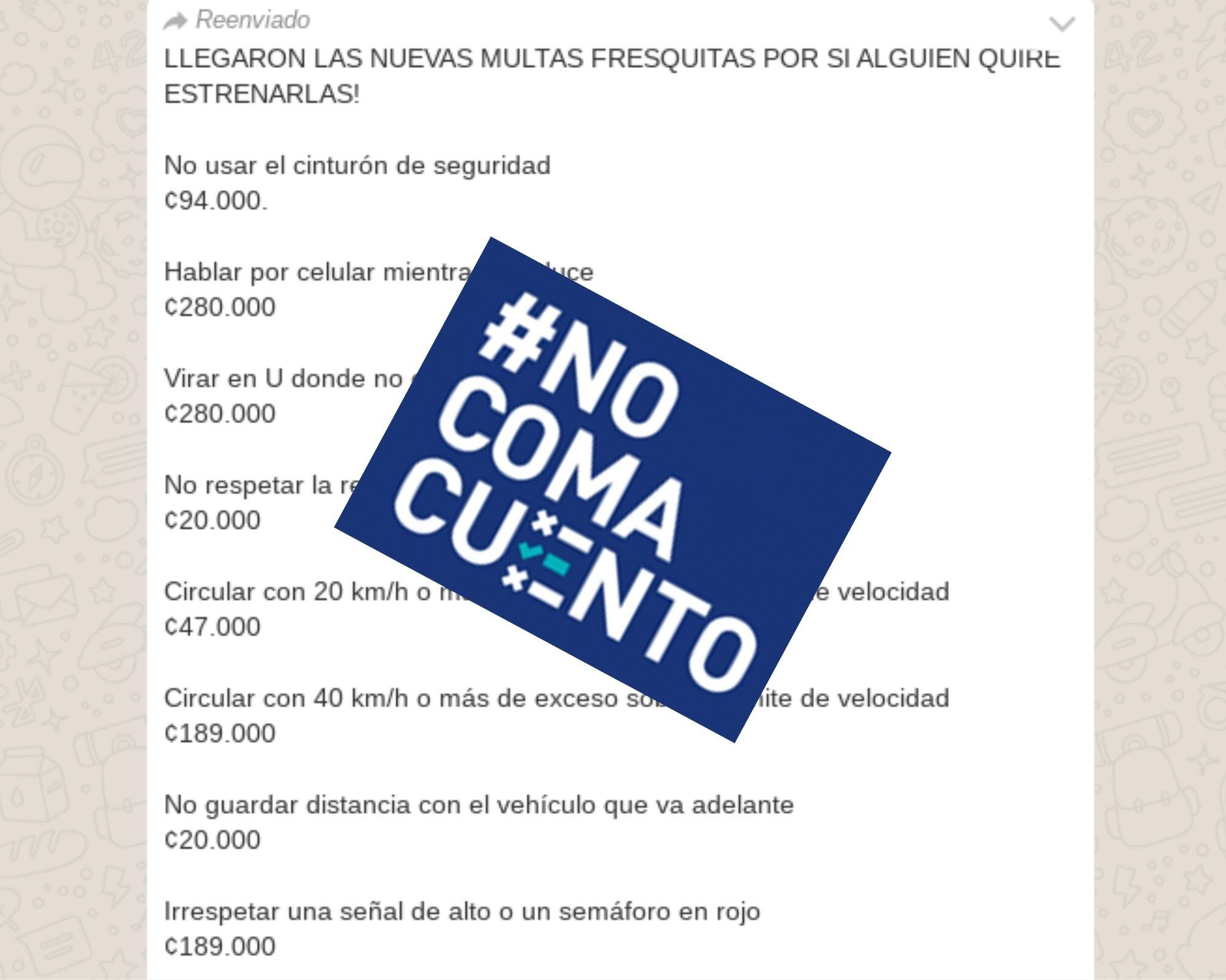 Esta lista de infracciones, difundida por WhatsApp, atribuye montos distintos a los penalizados actualmente por la Ley de Tránsito y a los que regirán el 2021.