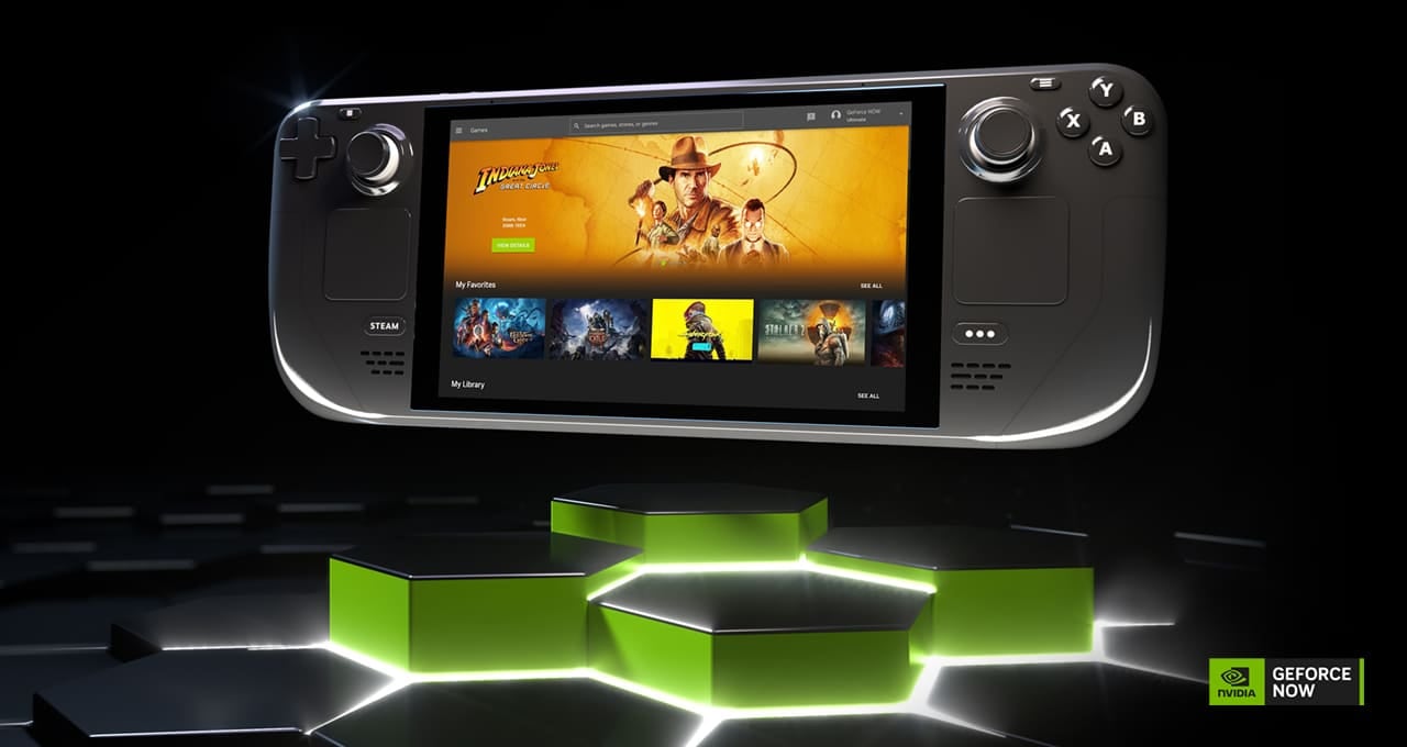 Consola Steam Deck conectada a GeForce NOW de Nvidia, mostrando la pantalla de inicio con juegos destacados como Indiana Jones. La consola está sobre un fondo tecnológico con el logotipo de Nvidia.