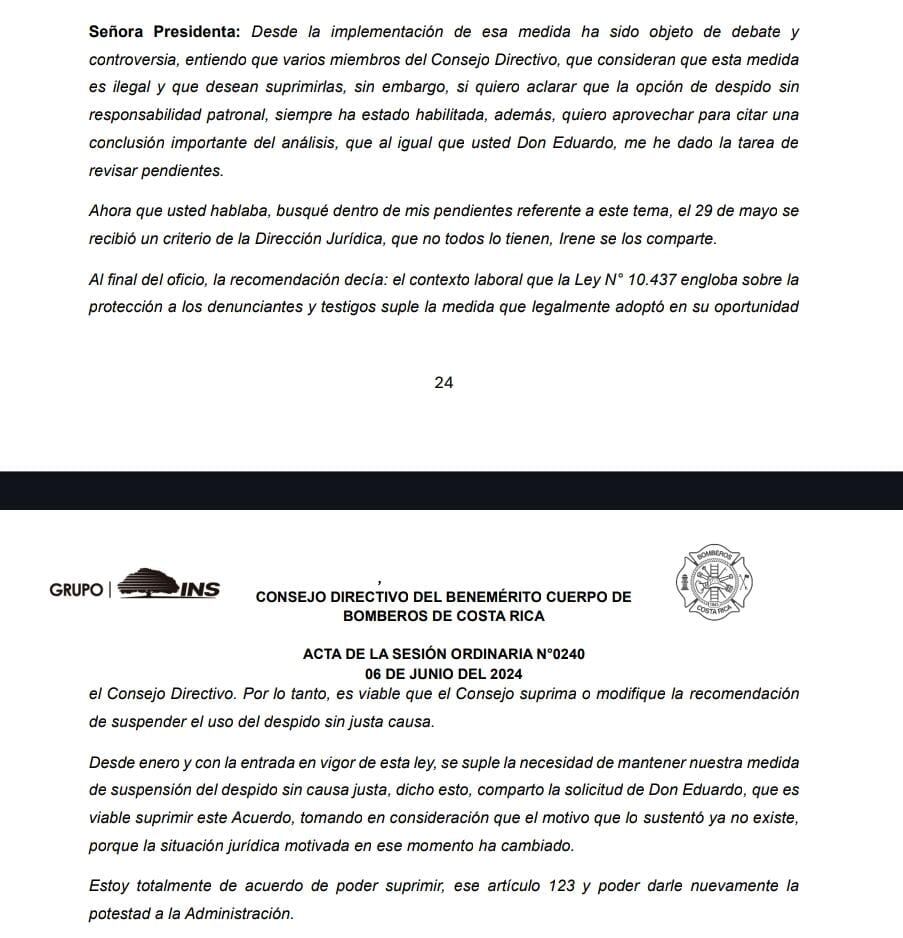 La presidenta del INS y del Consejo Directivo de Bomberos, Gabriela Chacón, dijo que era "viable" suprimir la recomendación de suspender el despido sin justa causa.