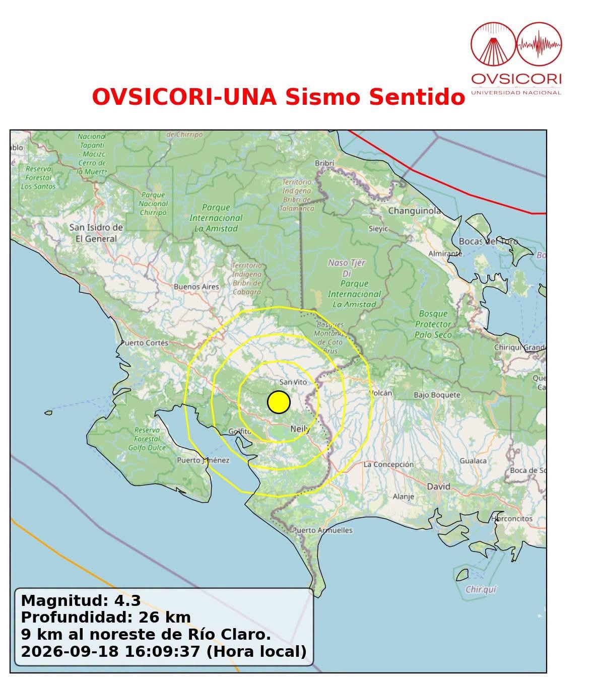 Ovsicori actualizó a 4,3 la magnitud del sismo ocurrido a las 4:09 p. m. y estableció una profundidad de 26 kilómetros.