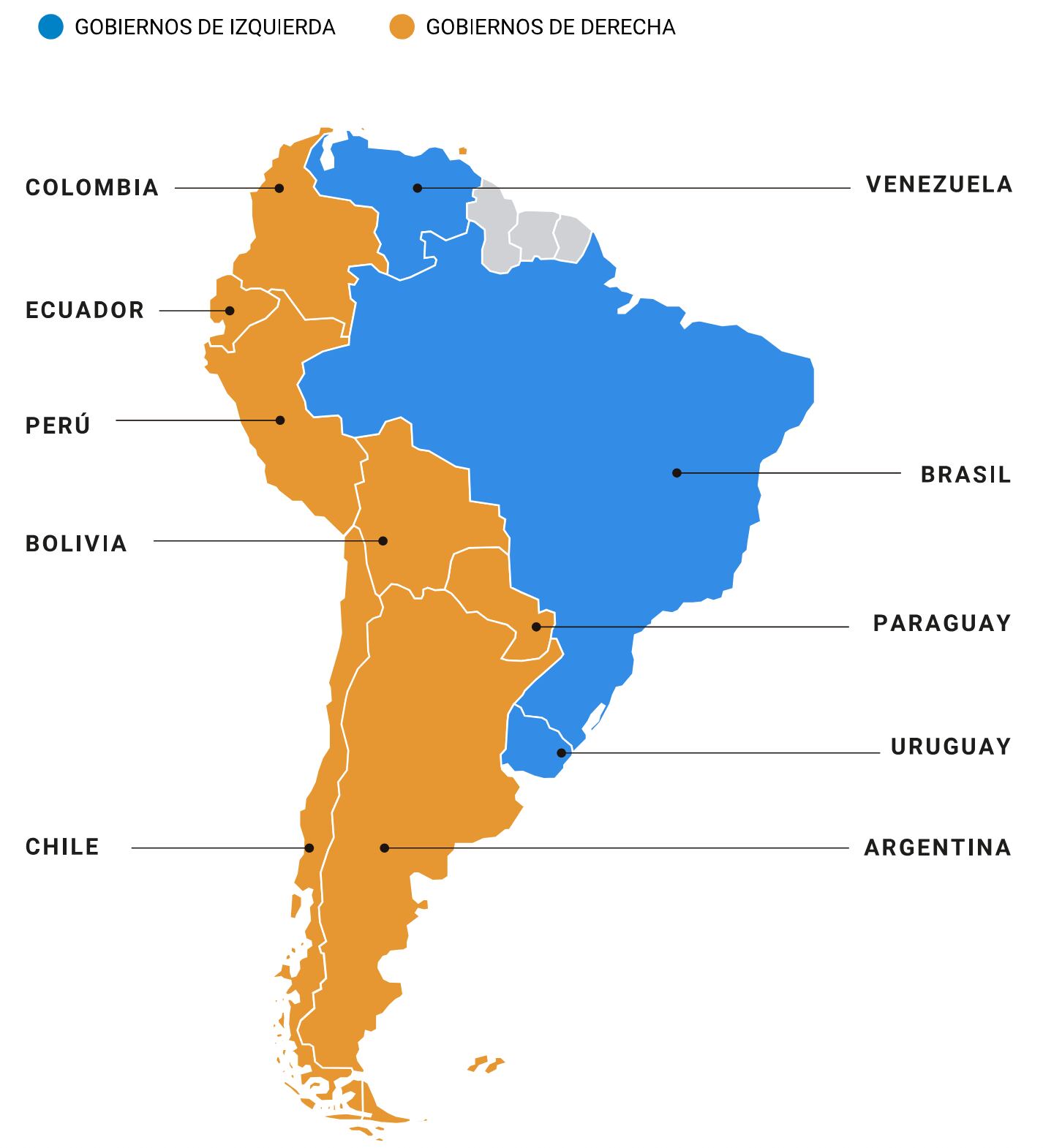 Mapa político de América del Sur tras la elección presidencial en Colombia. La victoria de Abelardo de la Espriella elevó a siete los gobiernos de derecha en la región, mientras Brasil se mantiene como el principal foco de atención electoral.