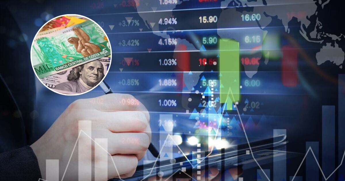 Imagen de una mano con un lápicero superpuesta en una pantalla con índices bursátiles. Incrustada una imagen de billetes de colones y dólares.