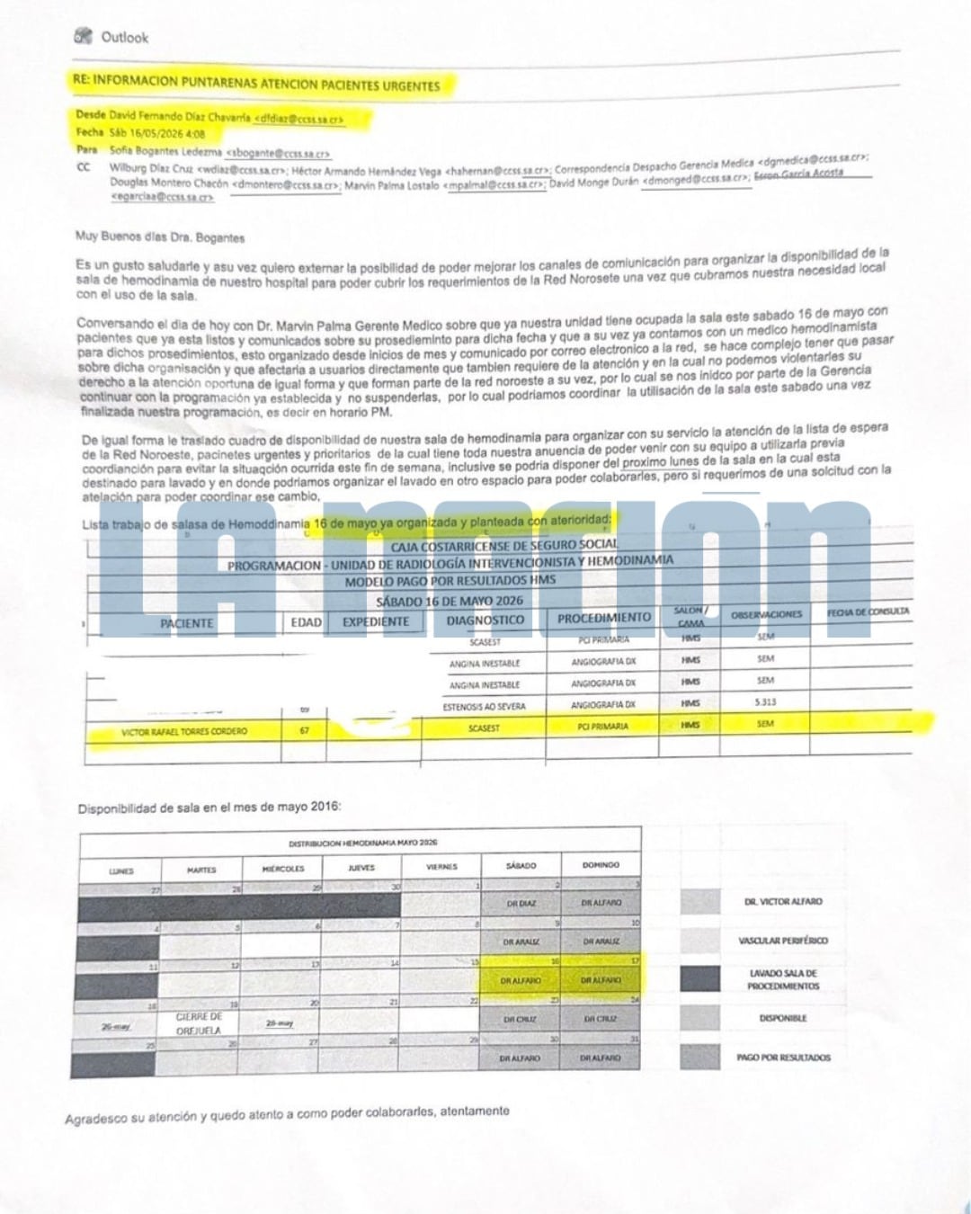 Correo en el que se precisa el cronograma de intervenciones en Hemodinamia del 16 de mayo y los especialistas que trabajarían ese día en el que el paciente Víctor Torres Cordero estaba programado.