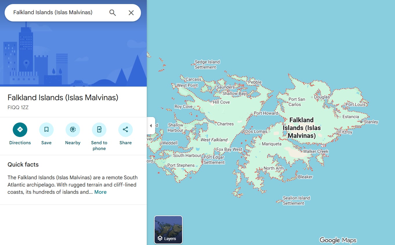 Las Islas Malvinas de Argentina, que Reino Unido llama Falkland Islands, en Google Maps.
