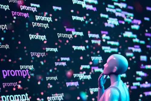 Un robot representando la IA observa una pantalla en la que se muestra la palabra Prompt