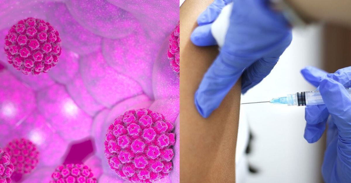 Composición de dos fotografías: a la izquierda, el virus del papiloma humano, a la derecha, un plano cerrado de dos manos vacunando a un brazo.