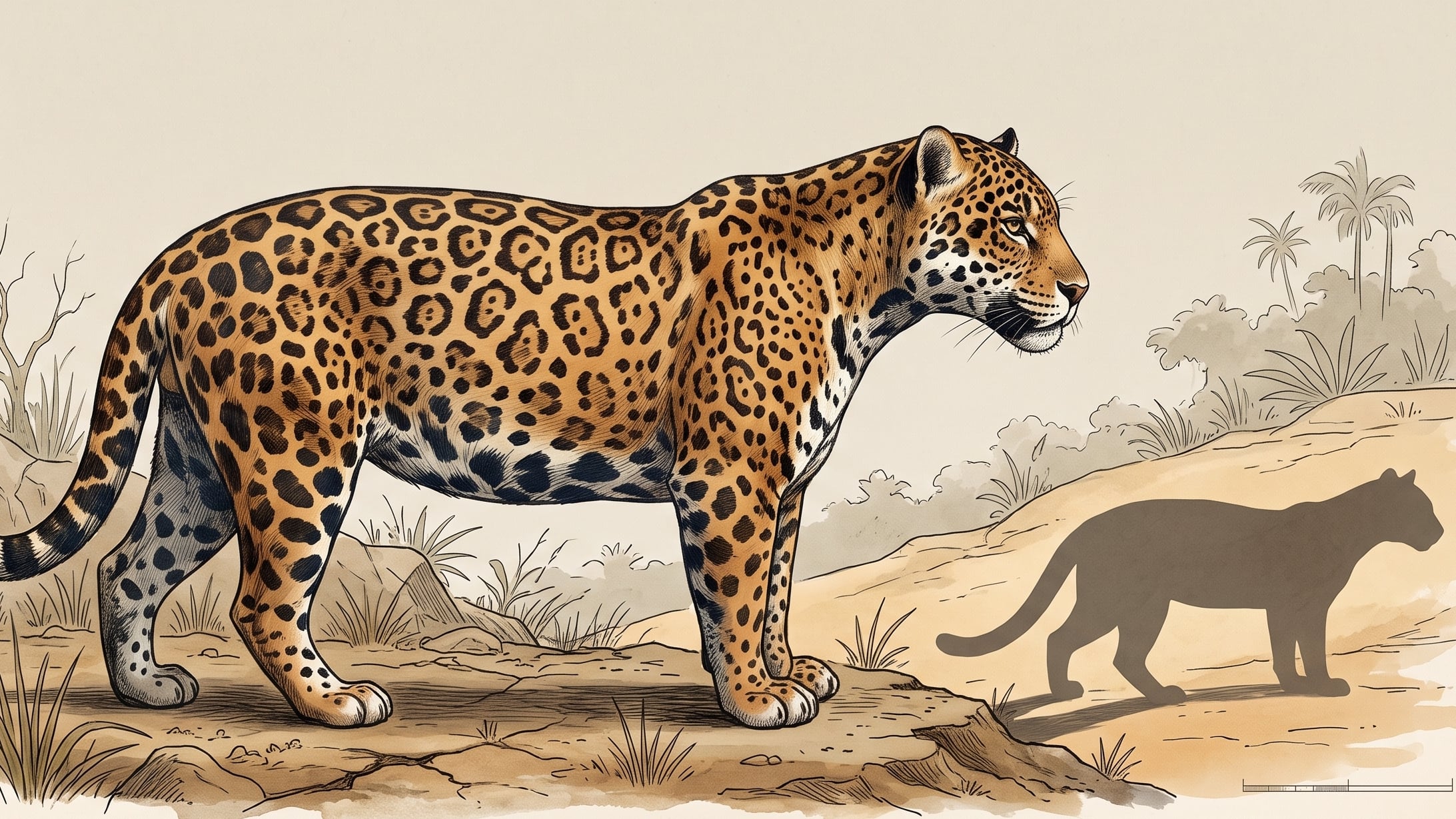 Jaguar que proyecta una sombra mucho más pequeña que la del animal original