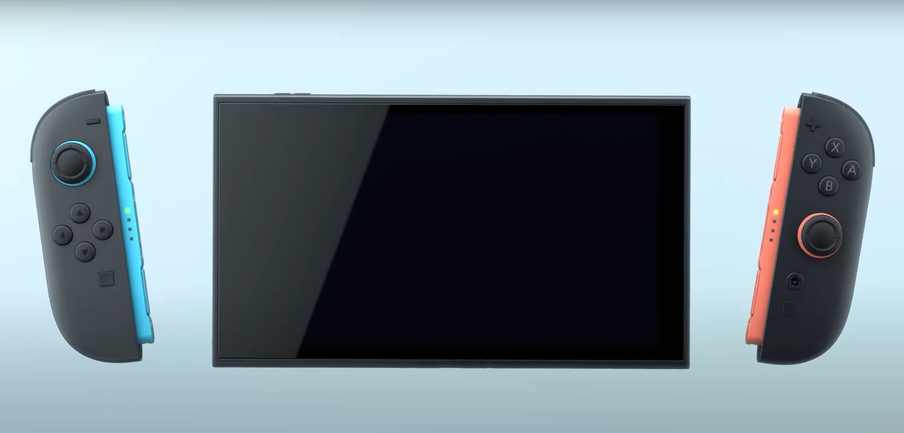 Imagen de la consola Nintendo Switch 2 con una pantalla más grande y controles Joy-Con actualizados en colores negro, rojo y azul, conectados mediante un sistema magnético.