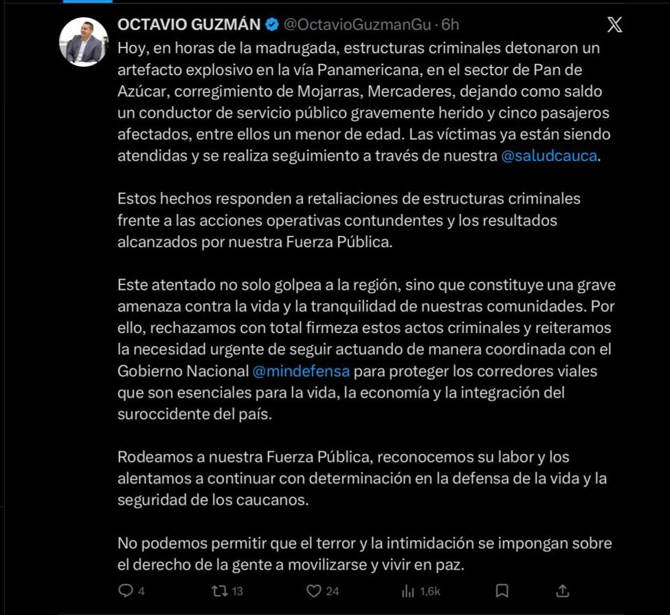 Un ataque con explosivos dejó siete muertos y más de veinte heridos este sábado en el departamento del Cauca, Colombia, en una nueva escalada de violencia en plena antesala electoral.