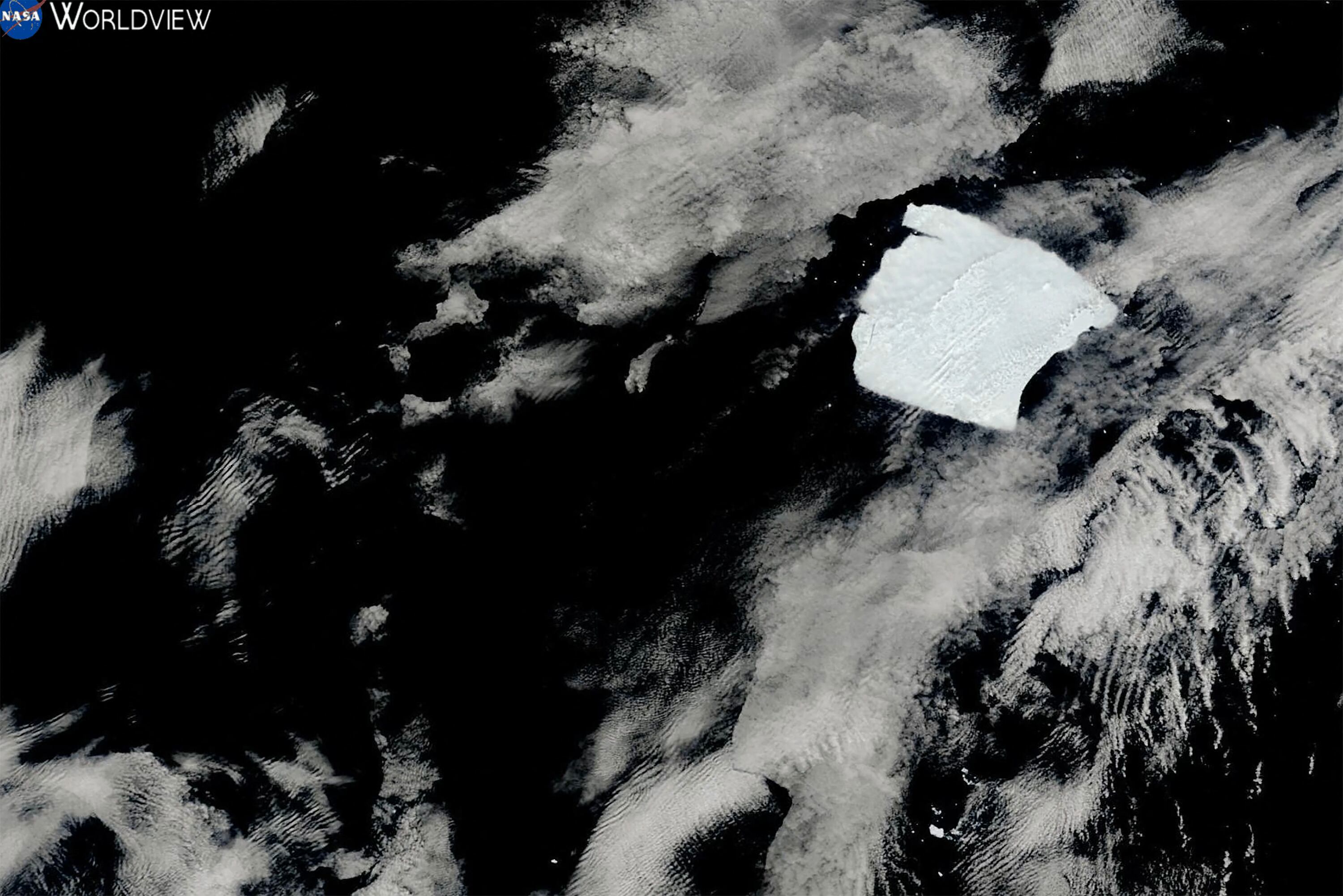 FILES) This handout satellite photograph taken by the NASA satellite between January 12, 2025 and January 31, 2025 and released by NASA on January 31, 2025, shows the A23a iceberg (CR) drifting toward South Georgia Islands, in the Southern Ocean. The world's biggest iceber