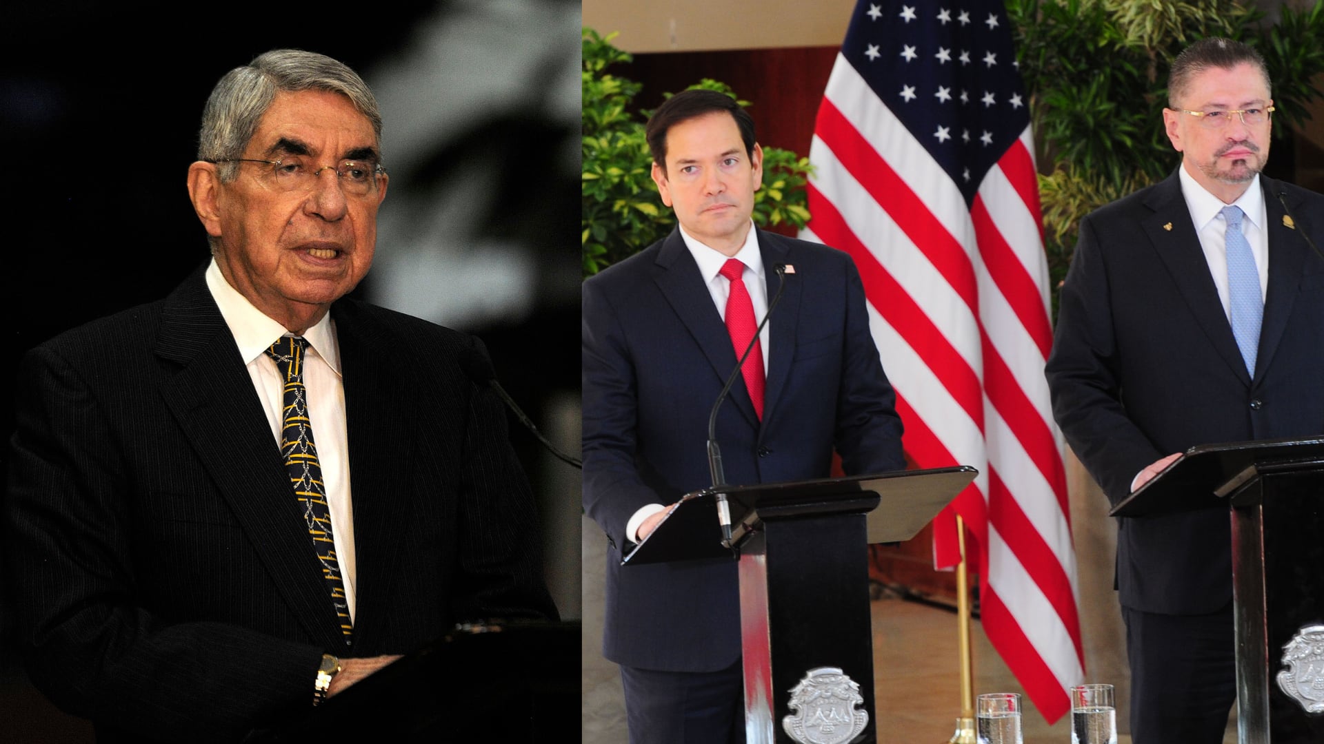 Expresidente Óscar Arias, y en otra foto el presidnete Rodrigo Chaves junto al secretario de Estado Marco Rubio