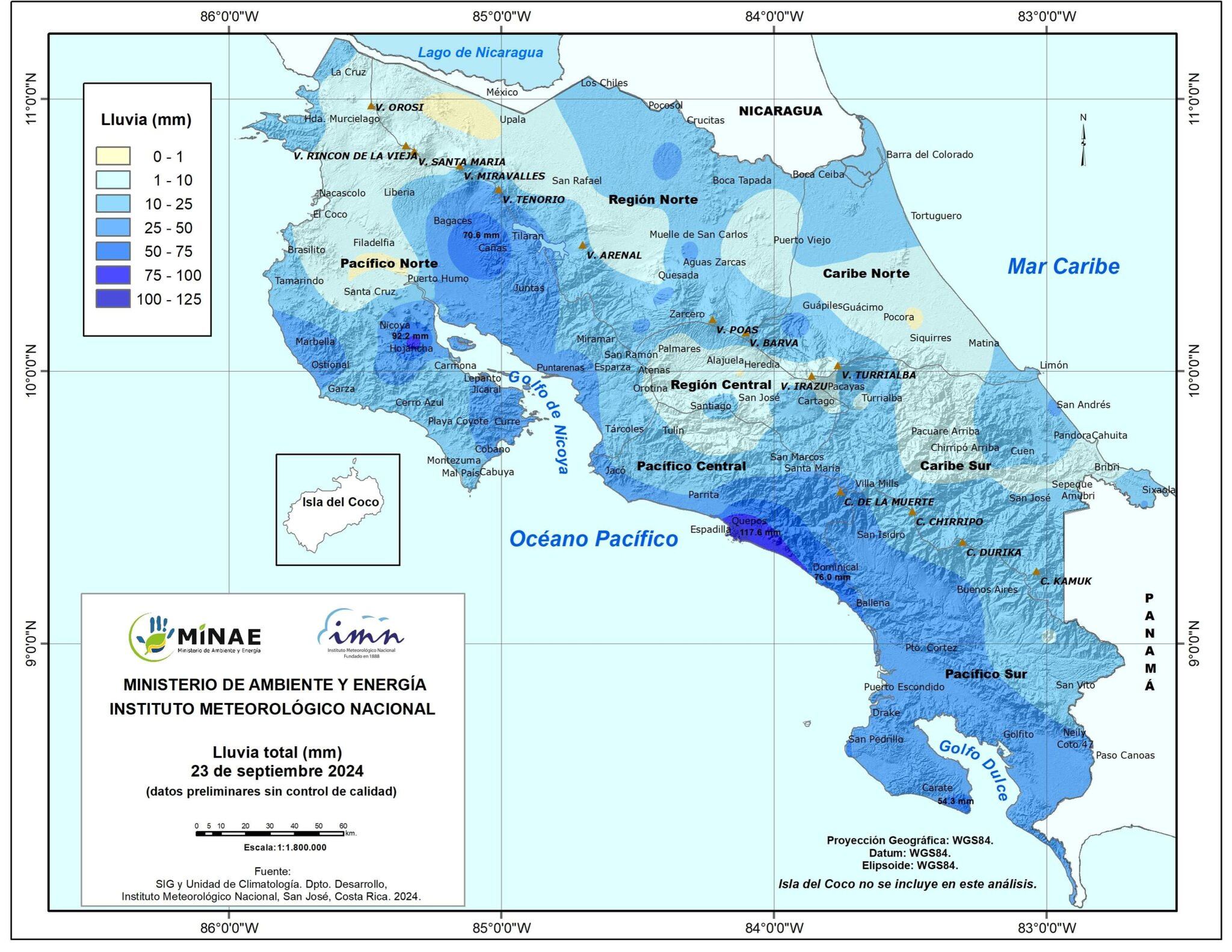 Aunque las lluvias más fuertes cayeron el lunes en Quepos, hubo más daños en Monteverde de Puntarenas y en Guanacaste. Imagen: IMN.