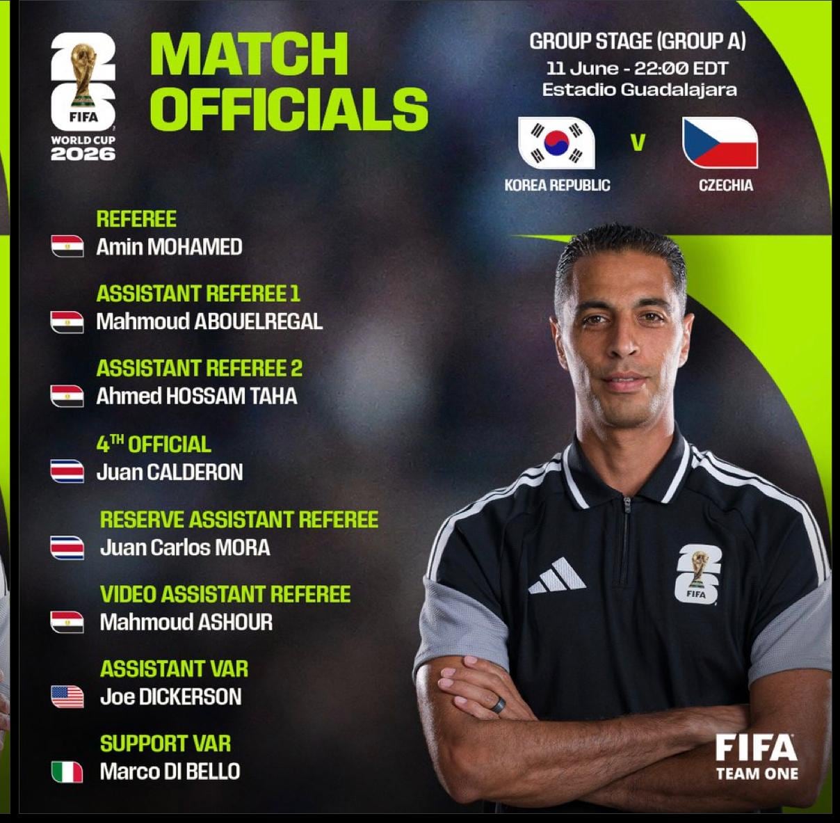La FIFA informo que Juan Gabriel Calderon estara en el partido de Corea ante Republica Checa
