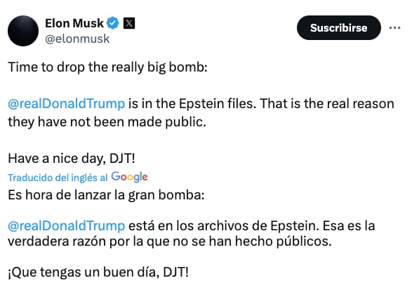 El dueño de Tesla, Elon Musk, apuntó contra el presidente de Estados Unidos, Donald Trump, con un mensaje publicado en X