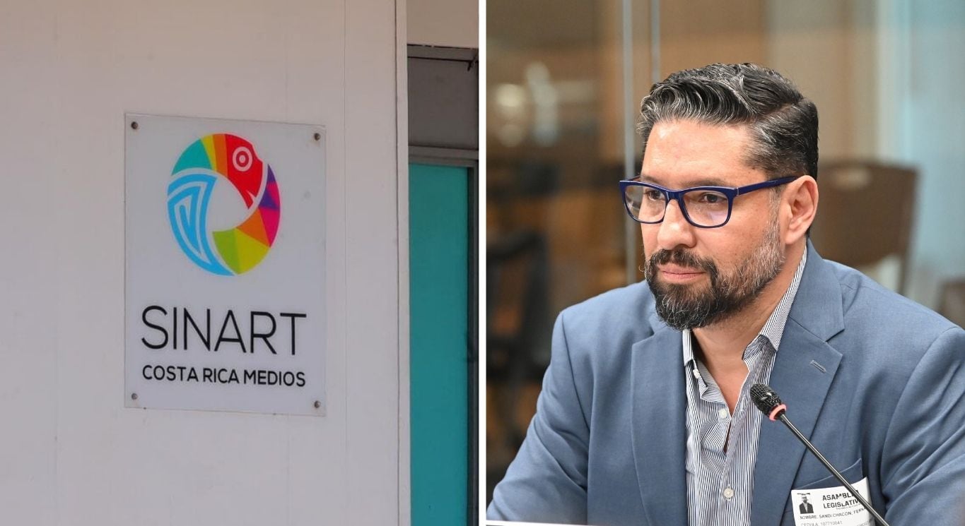 Logotipo del Sinart en la fachada de la institución y Fernando Sandí, presidente ejecutivo, durante una comparecencia en la Asamblea Legislativa.