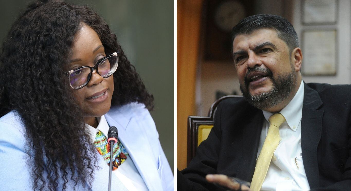 En la imagen la defensora de los Habitantes, Angie Cruickshank, y el ministro de Seguridad, Mario Zamora.