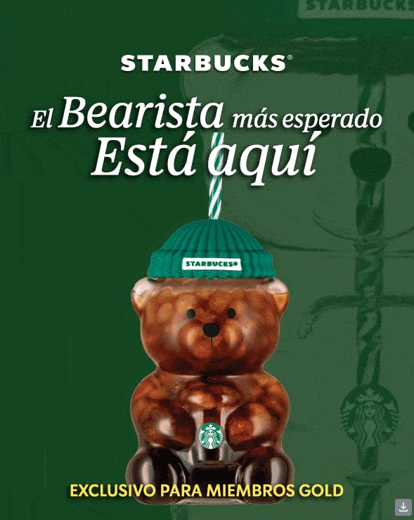 Vaso de oso de vidrio de Starbucks, con gorrito verde estilo beanie y una pajilla de colores verde y blanco