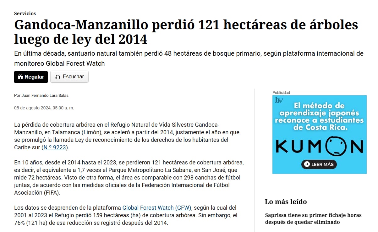 Una captura de pantalla de uno de los textos sobre Gandoca-Manzanillo.