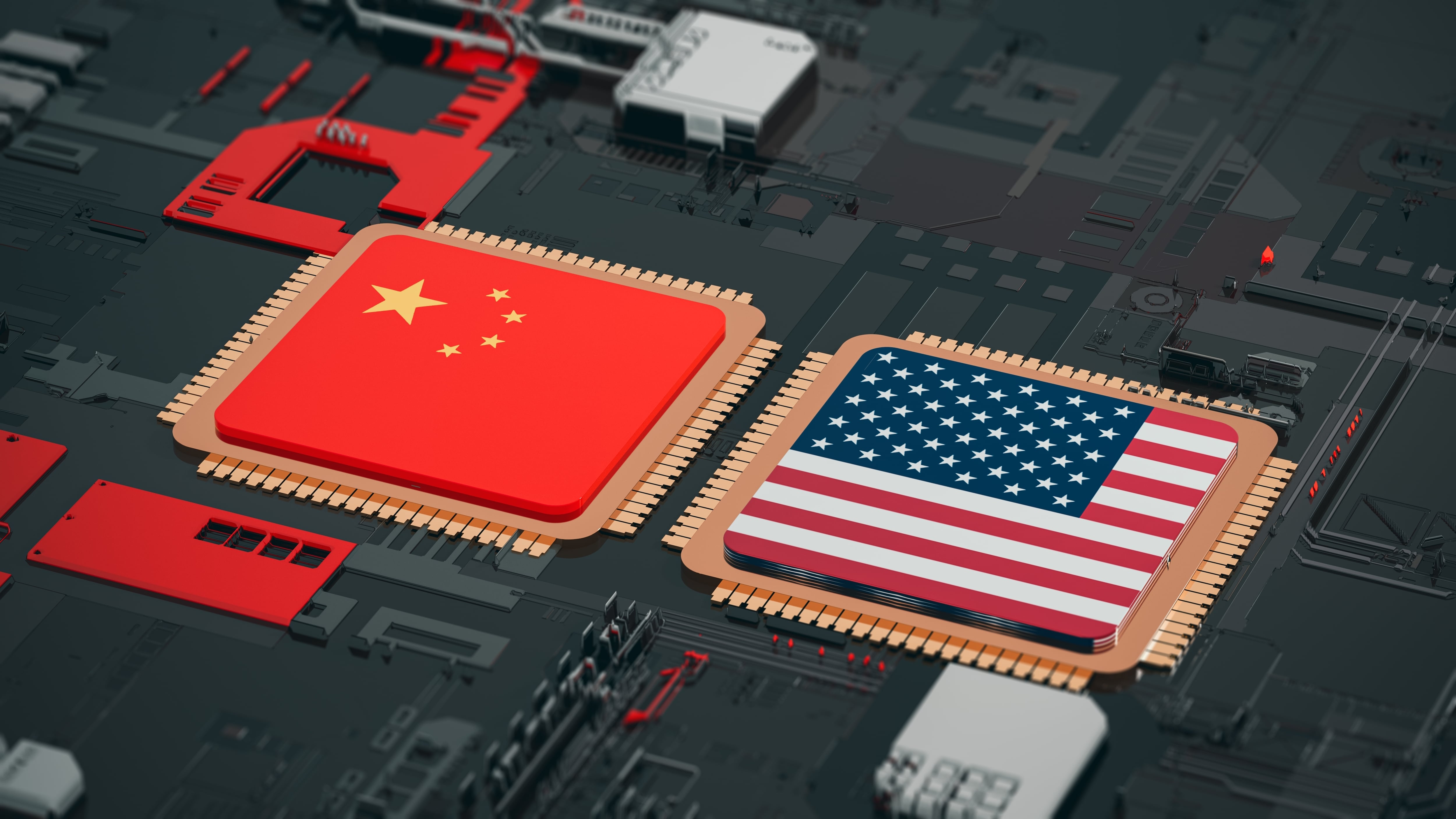Chips con las banderas de Estados Unidos y China, símbolo de la competencia entre ambos países por el dominio tecnológico