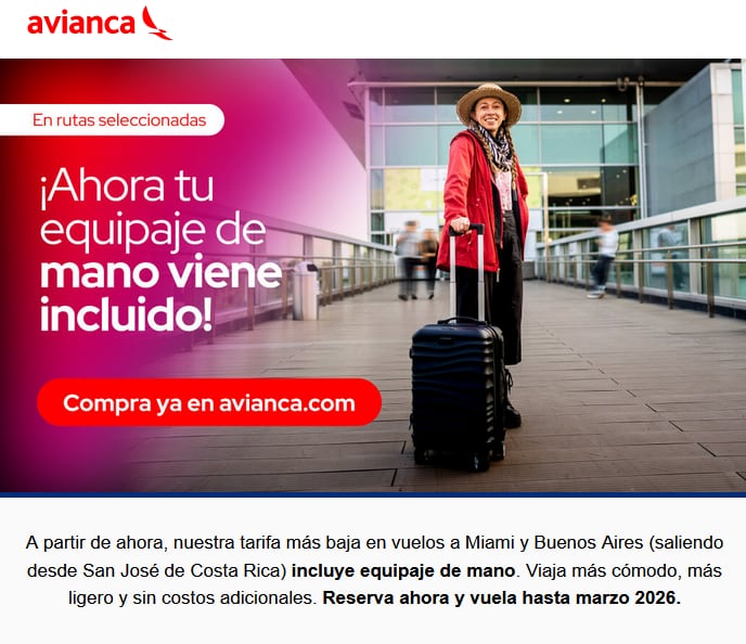 Con esta imagen, Avianca comunicó a sus clientes el cambio en su política de equipaje de mano para vuelos desde Costa Rica hacia Miami y Buenos Aires.