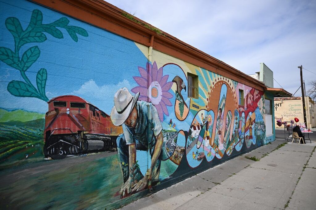 A mural features a farmworker and agriculture in the community of Calwa in Fresno County, California, on February 12, 2025. With planting season well under way in California, the largest agriculture-producing state in the US, fear is taking root among thousands of migrants who labor to feed a country that now seems ready to deport them. (Photo by Patrick T. Fallon / AFP)